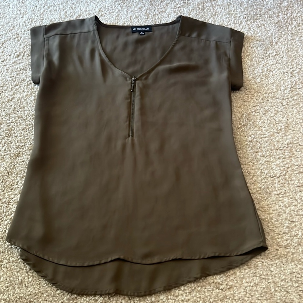 My Michelle dark green zippered work shirt; size small